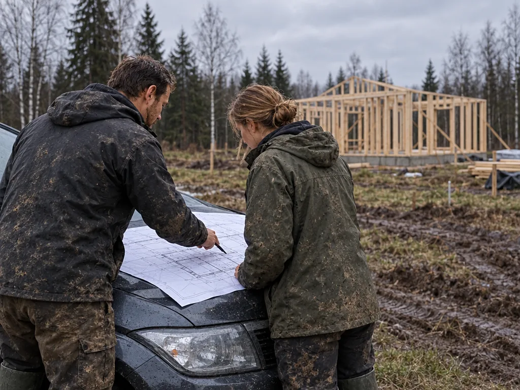 Kaks inimest vaatavad auto kapotil vundamendi joonist, taga maja karkass