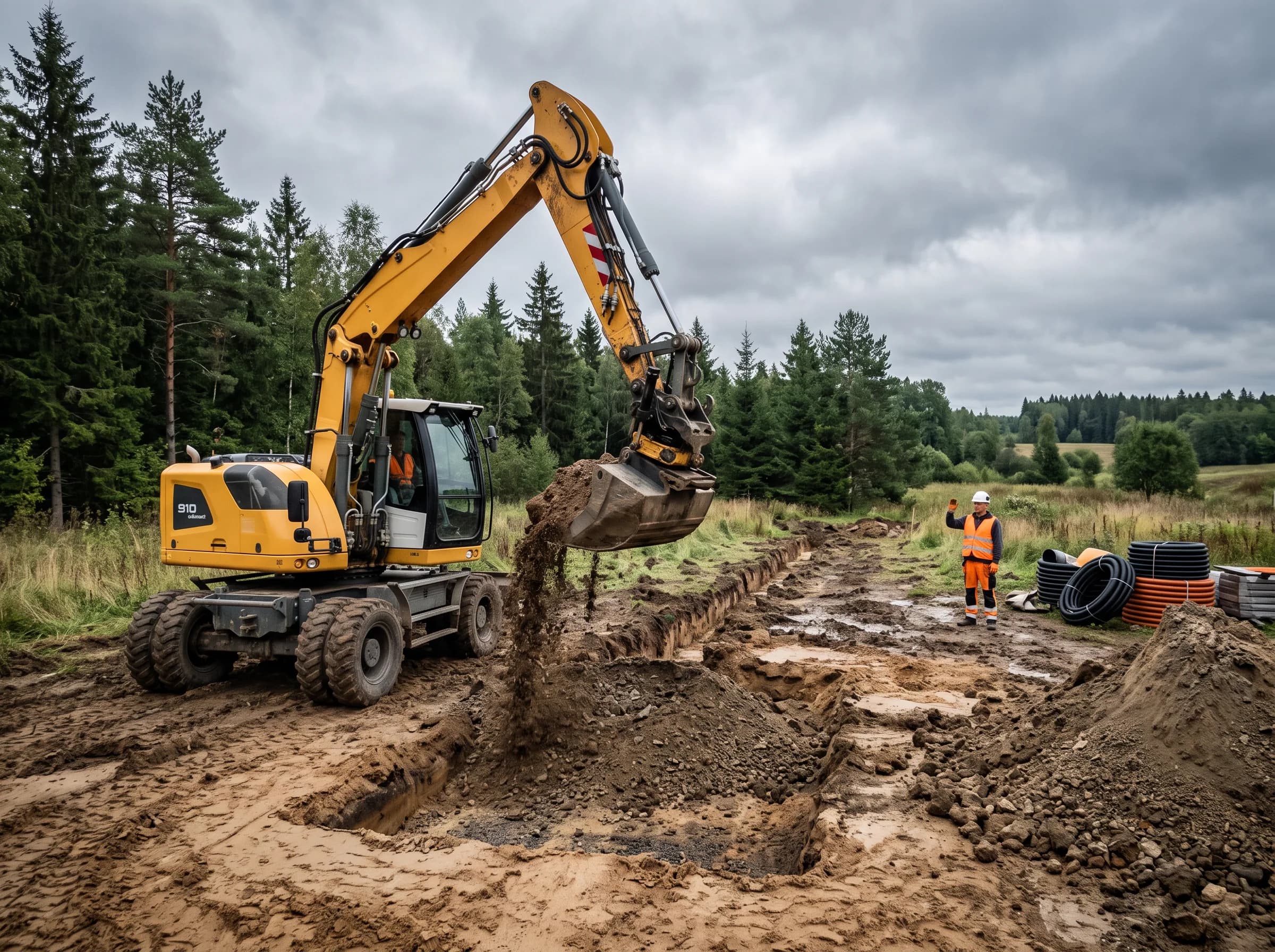 Ekskavaator kaevamas kraavi eramu krundil