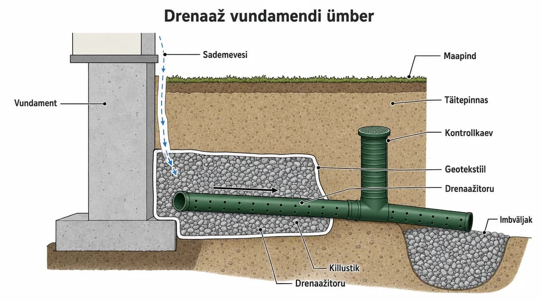 Sildistatud läbilõikejoonis drenaažist vundamendi ümber: drenaažitoru killustikus ja geotekstiilis vundamendi kõrval, kontrollkaev ja vee juhtimine imbväljakusse