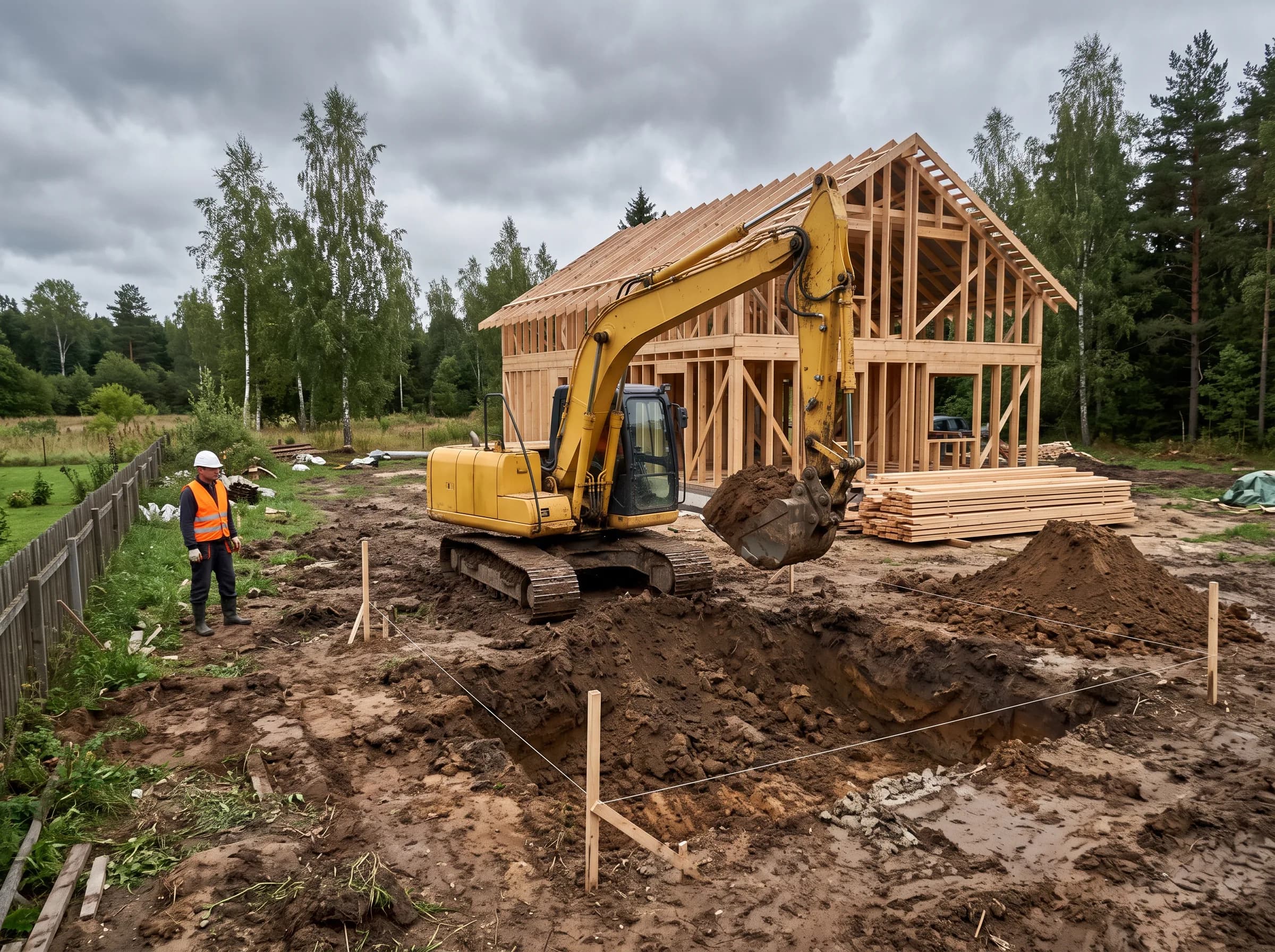 Ekskavaator kaevamas vundamendi kaevist eramu krundil, taustal ehitusjärgus puitkarkassiga maja