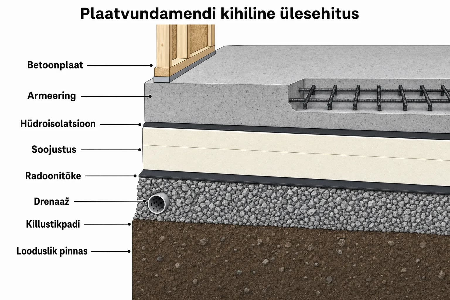 Sildistatud läbilõikejoonis soojustatud plaatvundamendi kihilisest ülesehitusest: looduslik pinnas, killustikpadi, drenaaž, radoonitõke, soojustus, hüdroisolatsioon, armeering ja betoonplaat