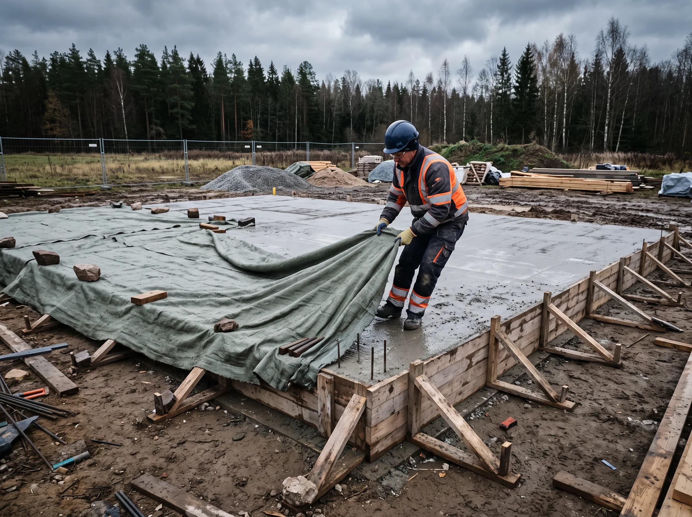 Töömees katmas värsket betoonplaati kaitsva järelhoolduskattega